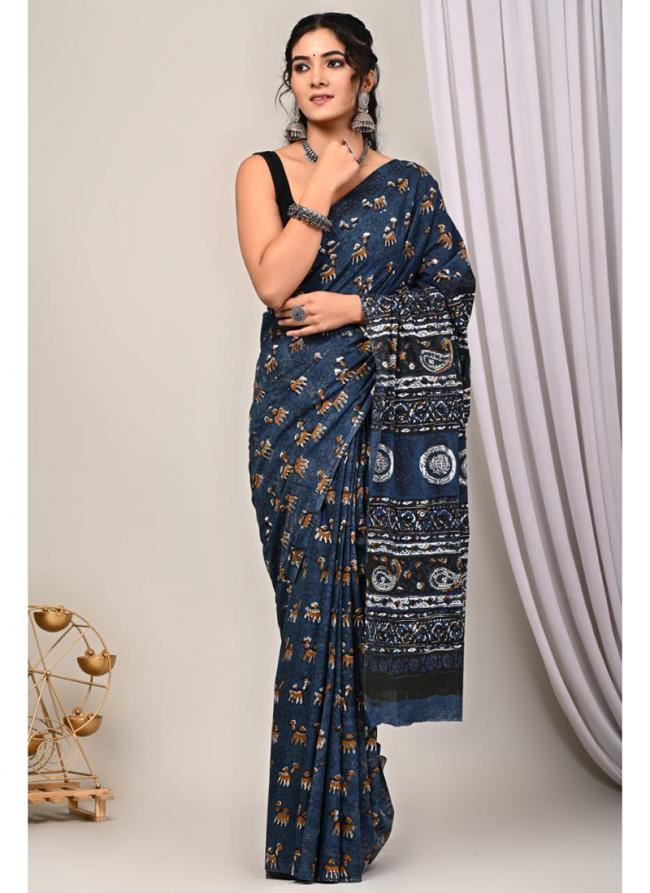 Cotton Blue Casual Wear Printed Saree